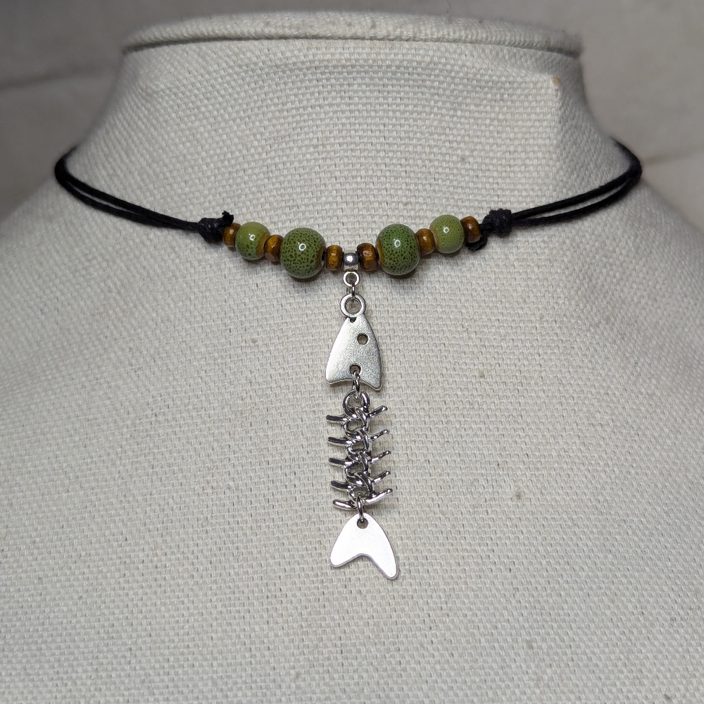 Dangling Fish Skeleton Silver Charm Necklace Ceramic Beaded Boho Hippie Choker